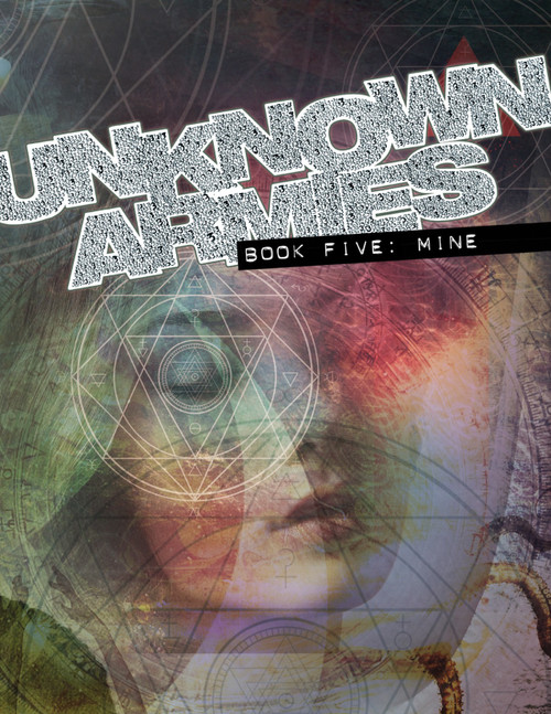 Unknown Armies Book Five: Mine PDF eBook cover featuring a person's face with geometric designs and text in white and black on a multicolored background with eBook design elements integrated.