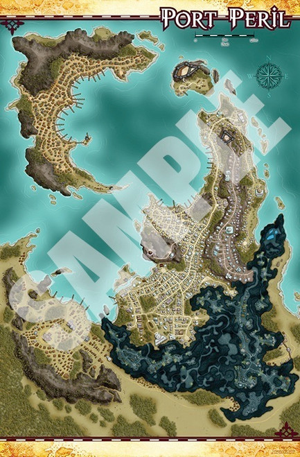 Pathfinder Campaign Setting: Skull & Shackles Poster Map Folio, featuring three 8-panel maps of Port Peril and the Shackles, with nautical details, brown, beige, blue, and green hues, designed for Pathfinder campaign.