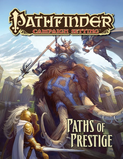Pathfinder Campaign Setting: Paths of Prestige PDF cover features a medieval landscape with mountains, a warrior on a mammoth, a knight, and a flying creature of fantasy roleplaying prestige classes.