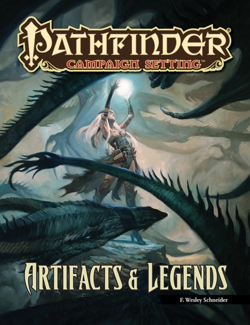 Pathfinder Campaign Setting: Artifacts & Legends PDF cover featuring a woman with long white hair and a green creature, with title and author F. Wesley Schneider in gold on a brown background.