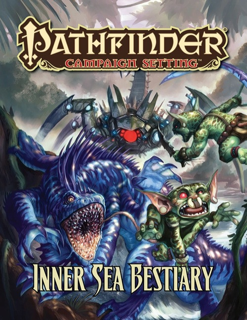 Pathfinder Campaign Setting: Inner Sea Bestiary book cover featuring blue, green, and red elements, depicting creatures from the Inner Sea region in a fantasy setting, published by Paizo Publishing.