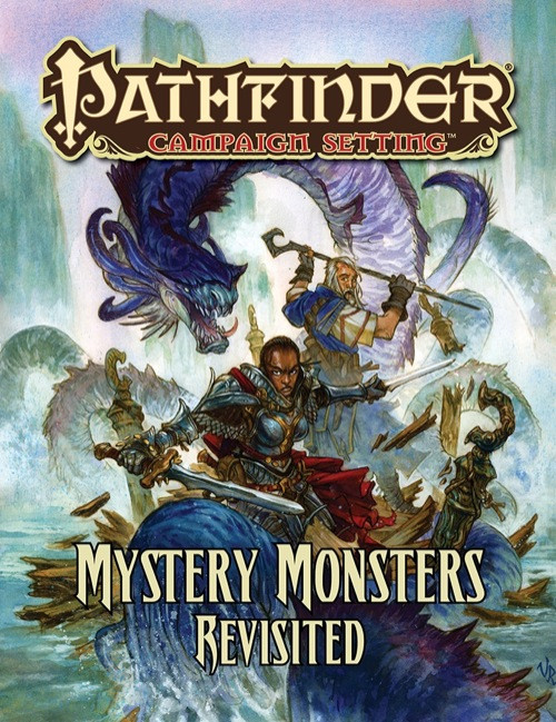 Pathfinder Campaign Setting: Mystery Monsters Revisited book cover, 5.5 x 8.5 inches, features fantasy artwork, dragons and sea monsters, gold text, and mythical creatures, published by Paizo.