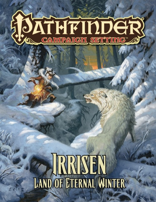 Pathfinder Campaign Setting: Irrisen—Land of Eternal Winter PDF cover featuring a snowy fantasy scene with a troll-like creature, dire wolf, and winter elements, set in the realm of Baba Yaga.