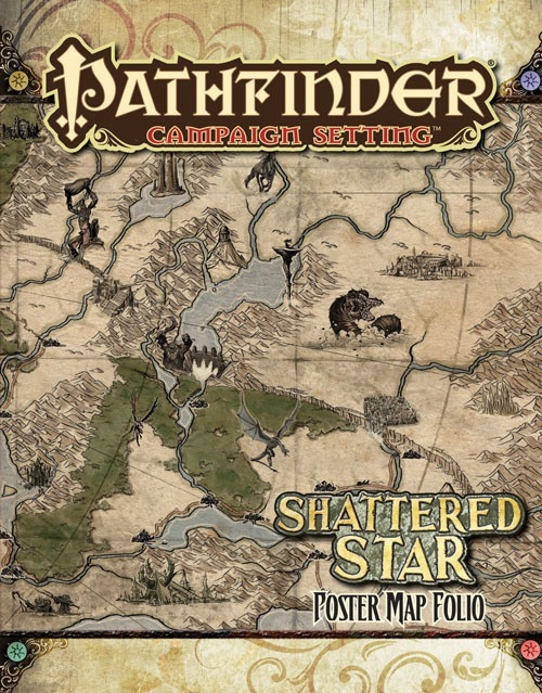Pathfinder Campaign Setting: Shattered Star Poster Map Folio PDF, a set of 3 8-panel posters designed for the Shattered Star Adventure Path, featuring detailed maps of Varisia's cities and wilderness regions in a vintage ink-and-parchment style.