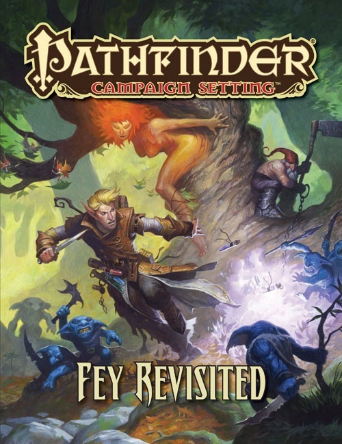 Pathfinder Campaign Setting: Fey Revisited PDF, a digital fantasy guide featuring vibrant artwork with fey creatures, ancient tree trunks, and glowing orbs, showcasing iconic and well-loved fey beings in a preternatural world with a deep connection to nature and lore.