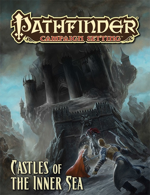 Pathfinder Campaign Setting: Castles of the Inner Sea PDF. A medieval castle on a rocky outcrop with armored figures, set against a dark stormy sky, fantasy setting, RPG guide, suitable for tabletop role-playing games.