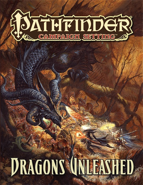 Pathfinder Campaign Setting: Dragons Unleashed book cover featuring a large black dragon on a brown background. Includes Pathfinder RPG statistics, chromatic and metallic dragons, and primal dragons, with gold font title and logo.