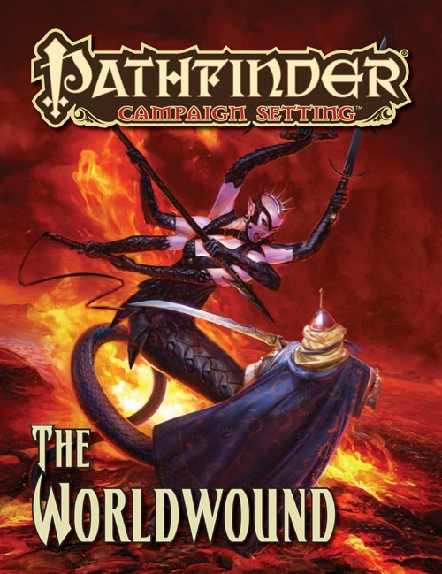 Pathfinder Campaign Setting: The Worldwound PDF, featuring a demon with multiple arms battling a knight in gold and orange text, set against a fiery background, for the Pathfinder RPG.