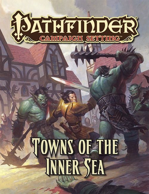 Pathfinder Campaign Setting: Towns of the Inner Sea PDF cover featuring a medieval town under attack by green monsters, with a man defending a European-style backdrop amidst a gray sky.