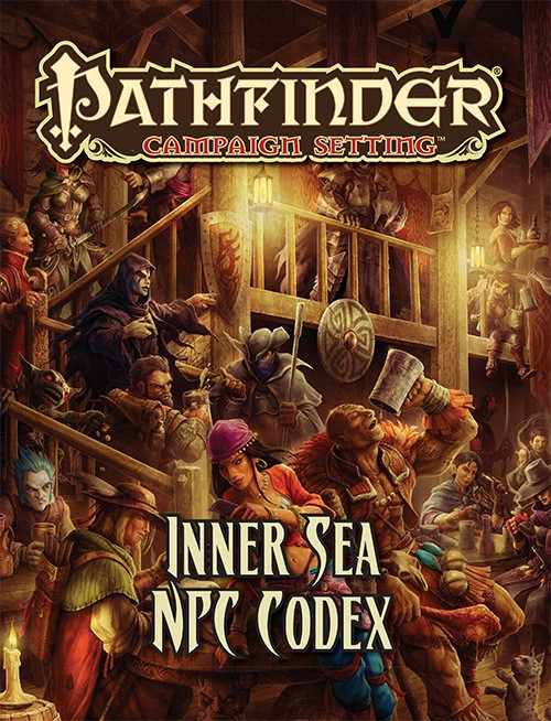 Pathfinder Campaign Setting: Inner Sea NPC Codex book cover featuring a crowded tavern scene with golden and red text on a brown background, showcasing over 50 Pathfinder NPCs, a campaign setting product by Paizo.