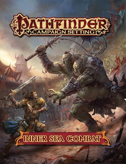 Pathfinder Campaign Setting: Inner Sea Combat book cover featuring a fantasy scene with armored human and orc warriors battling, set against a medieval backdrop with a castle, fortress walls, and mythical creatures.