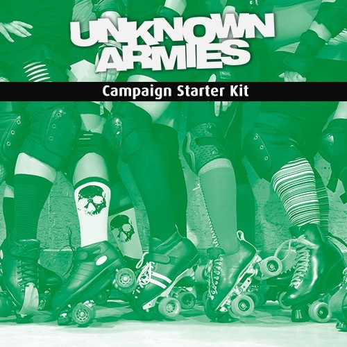 Roller skaters wearing various clothing and skulls on wheels for unknown armies campaign starter kit, featuring a unique blend of roller derby culture and dark fantasy elements related to the UA3: Derby Girls Destroy DC PDF campaign.
