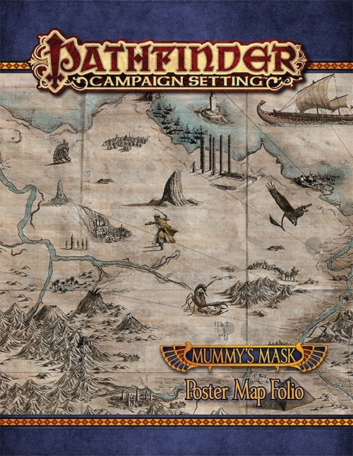 Pathfinder Campaign Setting: Mummy's Mask Poster Map Folio PDF, featuring vintage-style maps of Osirion, Wati, and Tephu in rich desert landscapes, with gold accents and ancient structures.