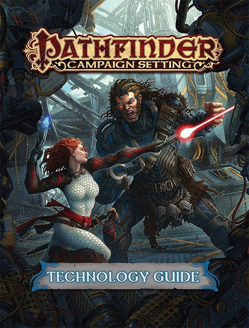 Pathfinder Campaign Setting: Technology Guide book cover featuring a futuristic scene with a woman wielding a blue energy sword and a man with a red laser sword, against a metallic backdrop with industrial machinery, from Paizo Publishing.