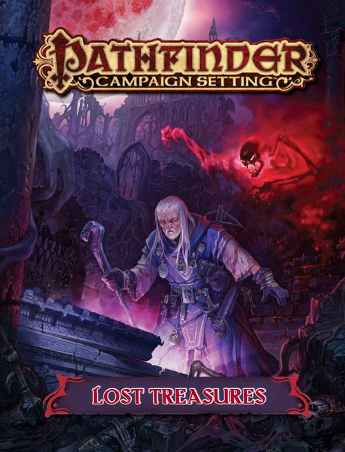 Pathfinder Campaign Setting: Lost Treasures book cover featuring a hooded figure in a dark graveyard, surrounded by a pink and purple sky, with the Pathfinder 1E logo and Lost Treasures text at center.