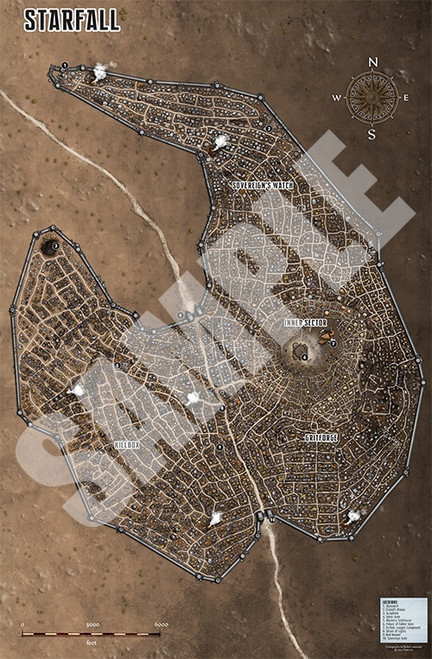 Pathfinder Campaign Setting: Iron Gods Poster Map Folio. A map of a walled city in a barren desert. The caption reads Starfall.