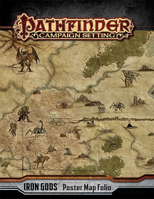 Pathfinder Campaign Setting: Iron Gods Poster Map Folio PDF, a set of three massive, lavishly illustrated poster maps featuring the Land of Super-Science, including Torch, Starfall, and other locations from the Iron Gods Adventure Path.