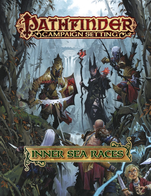 Pathfinder Campaign Setting Inner Sea Races PDF cover featuring fantasy characters, elves, dwarves, aasimars, drow, and watercolor artwork in a mystical forest setting, with a waterfall, by Paizo, 1-page PDF.