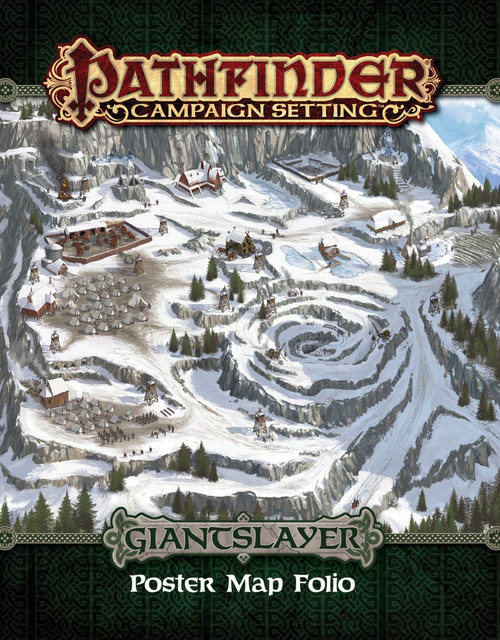 Pathfinder Campaign Setting: Giantslayer Poster Map Folio. An illustration depicts a snowy mountain landscape interspersed with trees and small settlements. 