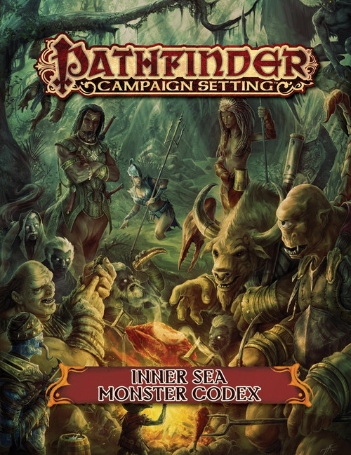 Pathfinder Campaign Setting: Inner Sea Monster Codex PDF book cover features a dark fantasy setting with a mystical forest, showcasing humanoid and beastly creatures amidst a backdrop of aquatic and winged strix monsters in Golarion's Inner Sea region.