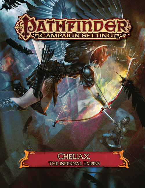 Pathfinder Campaign Setting: Cheliax, The Infernal Empire. A human fighter faces off against a flying warrior woman with a bow and feathered wings.