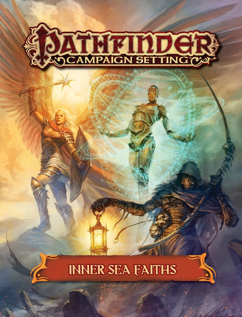 Pathfinder Campaign Setting: Inner Sea Faiths PDF cover featuring characters, armor, and a warrior with a winged design, set against a cloudy sky with a red banner and gold text.