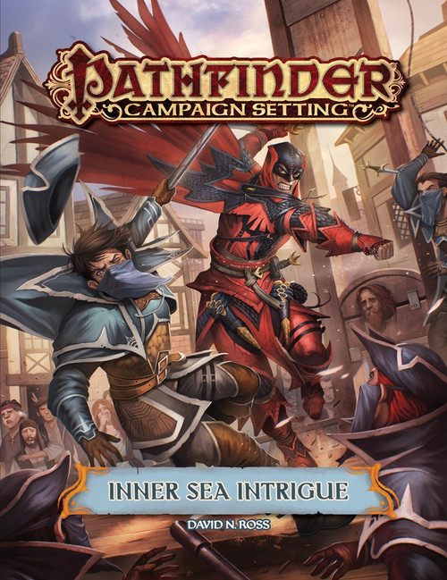 Pathfinder Campaign Setting: Inner Sea Intrigue. By David N. Ross. A masked vigilante in red and black punches a human with a bandana over their face, and their hat goes flying.