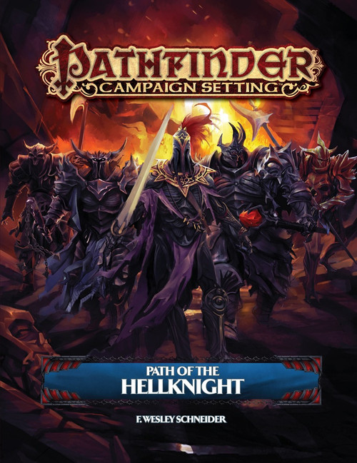 Pathfinder Campaign Setting: Path of the Hellknight PDF, a digital guide featuring black-armored champions, showcasing discipline and power, with a fiery background.