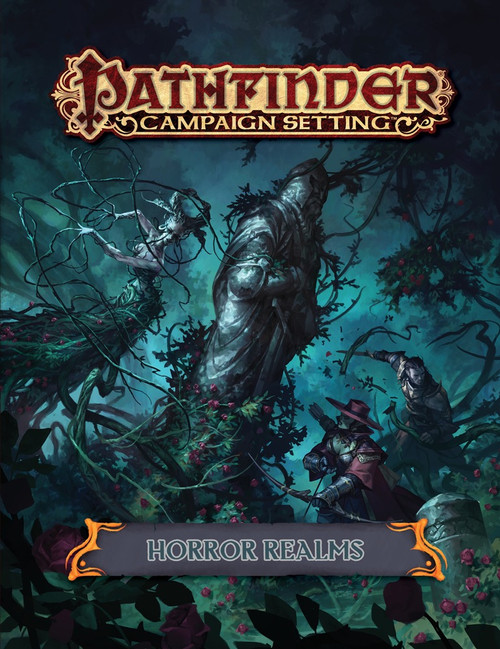 Pathfinder Campaign Setting: Horror Realms. Adventurers in a sinister forest face off against a spindly creature with long tendrils emerging from each finger, with a large statue in the middle partially covered in thorny vines.