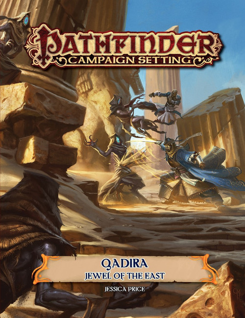 Pathfinder Campaign Setting PDF, a 16-page, color publication featuring a desert nation, Qadira, with comprehensive information on its history, culture, and faiths, by Paizo Publishing.