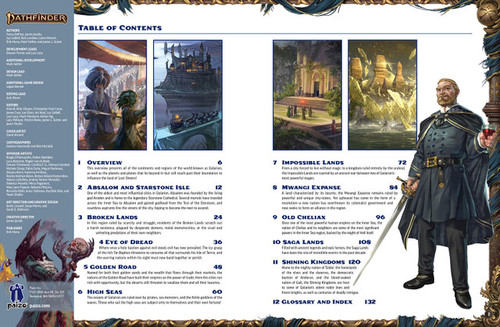 Pathfinder Lost Omens World Guide sample pages depicting the book's table of contents accented by images of scenes and characters fully detailed within the book.