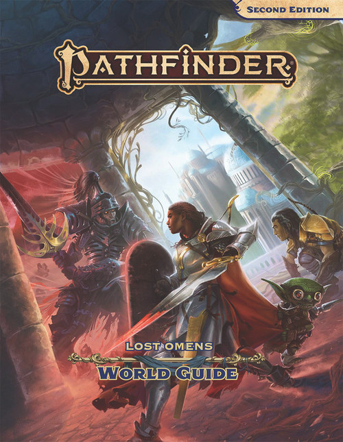 Pathfinder Lost Omens World Guide cover depicts a group of heroic adventurers standing before a series of portals leading to different lands detailed in this volume--a fiery realm from which a grave knight emerges, a fantastical city of marble columns and domes, and a primeval forest.