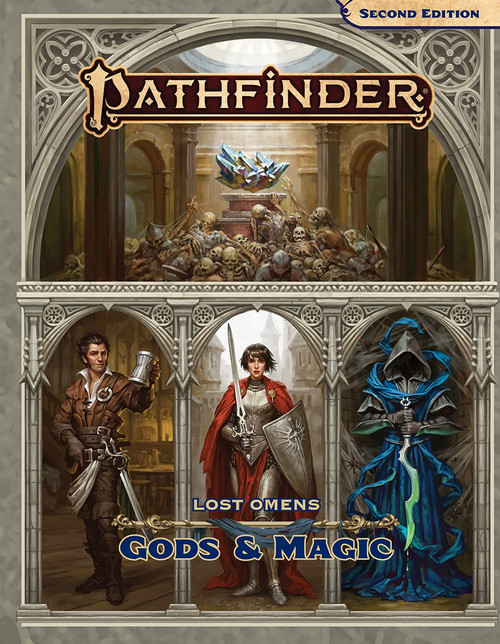 Pathfinder Lost Omens Gods & Magic cover featuring a realistic "in-world" image pattered off a religious stained glass window, with four panels. Across the bottom of the image we see depictions of the gods Cayden Cailean, Iomedae, and Norgorber. Above them is a scene of the Chamber of the Starstone, with a massive blue crystal on a pedestal surrounded by skeletons in a dungeon.