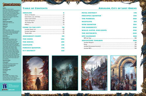 Pathfinder Lost Omens: Absalom, City of Lost Omens sample pages presenting the book's table of contents and four illustrated scenes of neighborhoods described within.