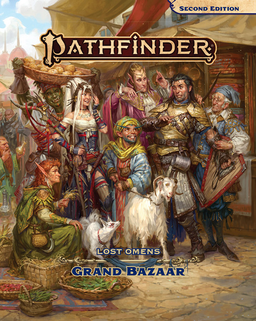 Pathfinder Lost Omens Grand Bazaar cover scene depicting human witch and fighter adventurers haggling with a large number of merchants depicted within the book in a city marketplace scene.