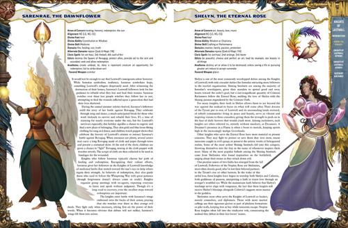 Pathfinder Lost Omens Knights of Lastwall sample pages presenting two gods worshiped by the order--Sarenrae and Shelyn, complete with deity portraits and holy symbols.