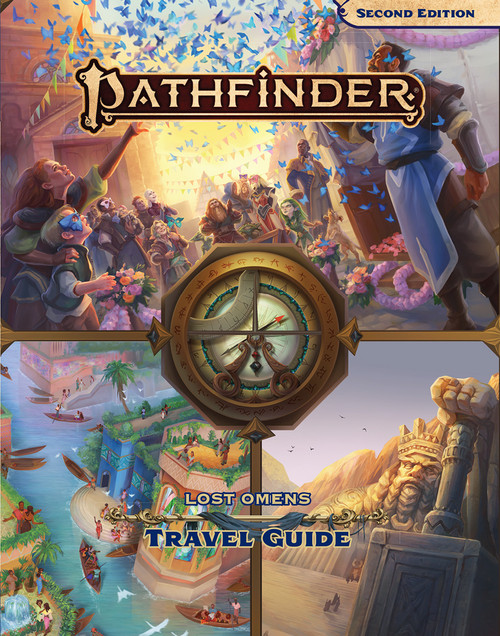 Pathfinder Lost Omens Travel Guide cover featuring three images from the world of Golarion arrayed around a magical compass at the image's center. Images include a Mwangi Expanse harbor, a mountain carved into a sculpture of an ancient dwarf king, and a Desnan ritual parade featuring butterflies.