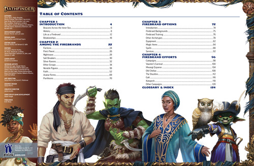 Pathfinder Lost Omens Firebrands table of contents featuring illustrations of several important NPCs described within the book.