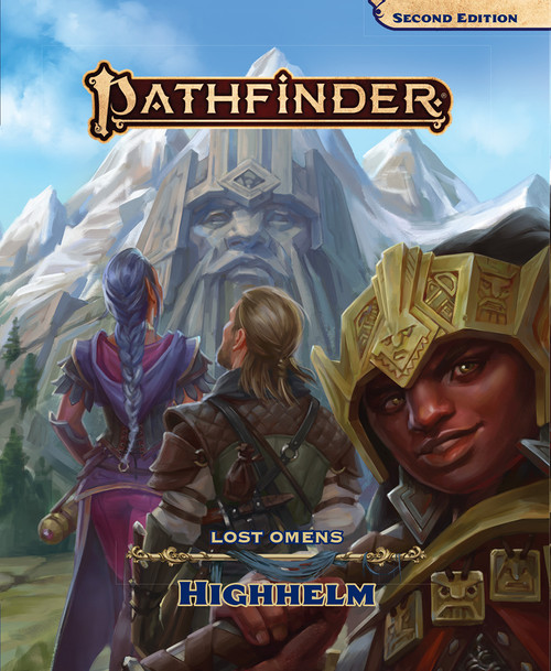 Pathfinder Lost Omens Highhelm cover featuring a group of adventurers approaching a massive mountain carved into the stony visage of an ancient dwarf king.