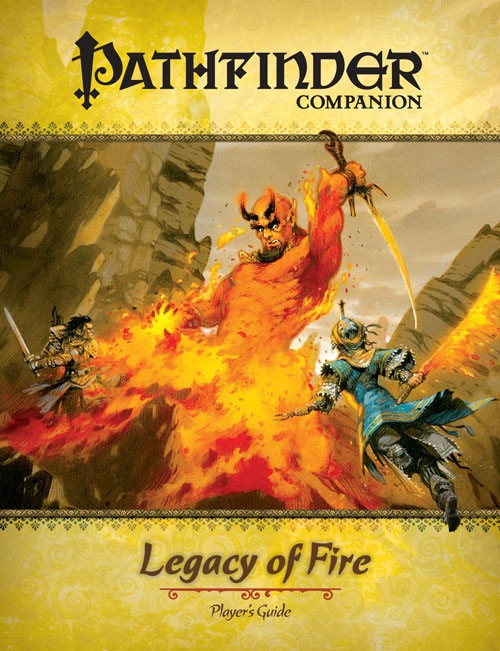 Pathfinder Companion Legacy of Fire Player's Guide (OGL) PDF, a PDF book with a vibrant yellow and orange cover, featuring a fantasy scene set against a desert backdrop.