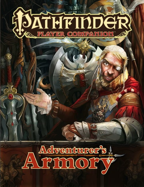 Pathfinder Player Companion: Adventurer's Armory PDF featuring a detailed cover with bold gold and red lettering, highlighting the book's contents of exotic nonmagical gear for any  pathfinder character.