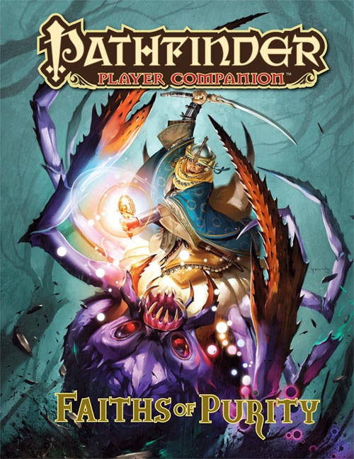 Pathfinder Player Companion: Faiths of Purity PDF cover featuring a warrior, sword, spell and faith elements, with gold and red text on a teal background, 1 pdf file, 14 pages, size 8.5 x 11 inches.