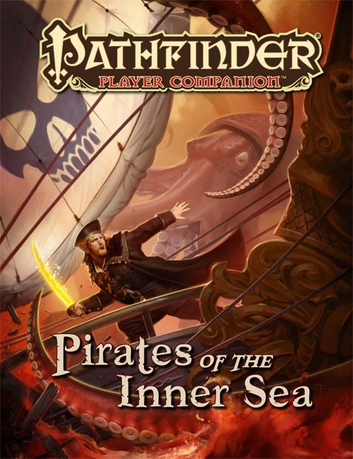 Pathfinder Player Companion: Pirates of the Inner Sea PDF, a 20-page digital book featuring a pirate battling an octopus with a sword, under a Jolly Roger flag on a ship.