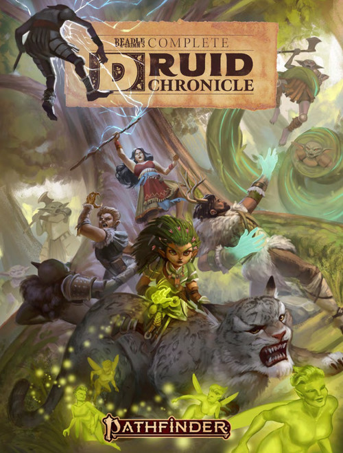 Beadle & Grimm's Complete Character Chronicle - Druid - Fillable PDF shows several forest-themed druidic adventurers, including the iconic green-haired gnome druid and her snow leopard animal companion, fighting in a forest against a wide range of creatures that include giants, glowing green pixies, and gray-skinned hobgoblins (some of whom have been grabbed up by druid-controlled vines and coiling plants).