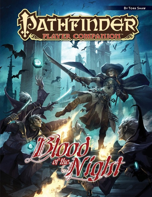 Pathfinder Player Companion Blood of the Night PDF cover featuring a woman with a sword battling vampires in a dark fantasy setting, a 1-page digital product from Paizo with a dark background and Gothic architectural elements.