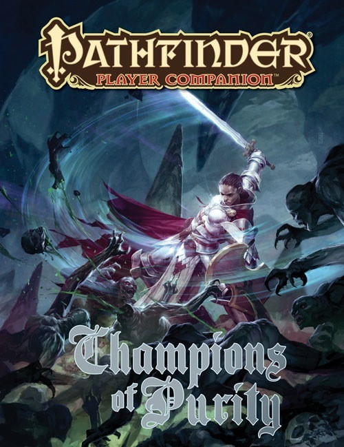 Pathfinder Player Companion: Champions of Purity. A knight slashes her sword across a horde of undead, sending heads flying.