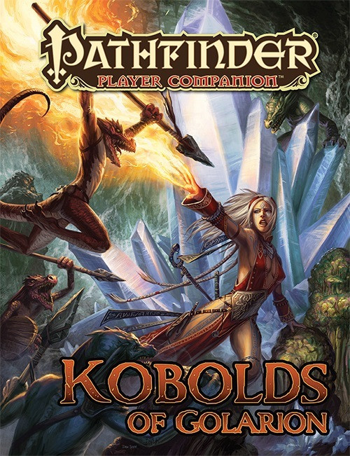 Pathfinder Player Companion: Kobolds of Golarion. An adventurer shoots a blast of flame from her hand at a group of small lizard people wielding spears, with a giant crystal outcropping in the background.