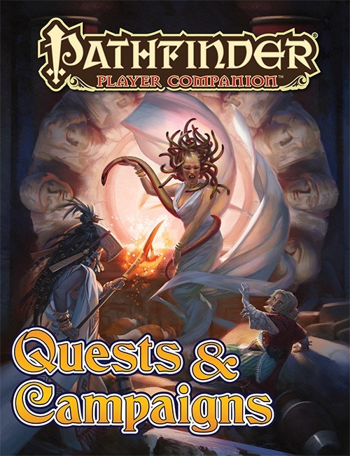 Pathfinder Player Companion: Quests & Campaigns PDF cover features a woman in white surrounded by stone faces and flames, with gold and red text highlighting quest and campaign tools for Pathfinder character creation.