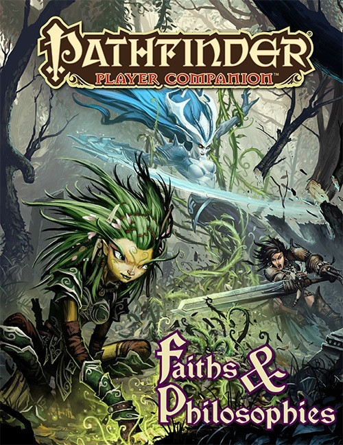 Pathfinder Player Companion: Faiths & Philosophies. Two adventurers, a gnome and a human, facing off against a blue and white figure in a forest. The gnome summons vines to wrap around her enemy.