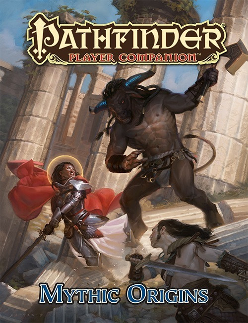 Pathfinder Player Companion: Mythic Origins PDF cover, featuring bold typography and colors, showcasing mythic characters and powers from Pathfinder campaign setting in epic fantasy setting, with  PDF format from game publisher Paizo.